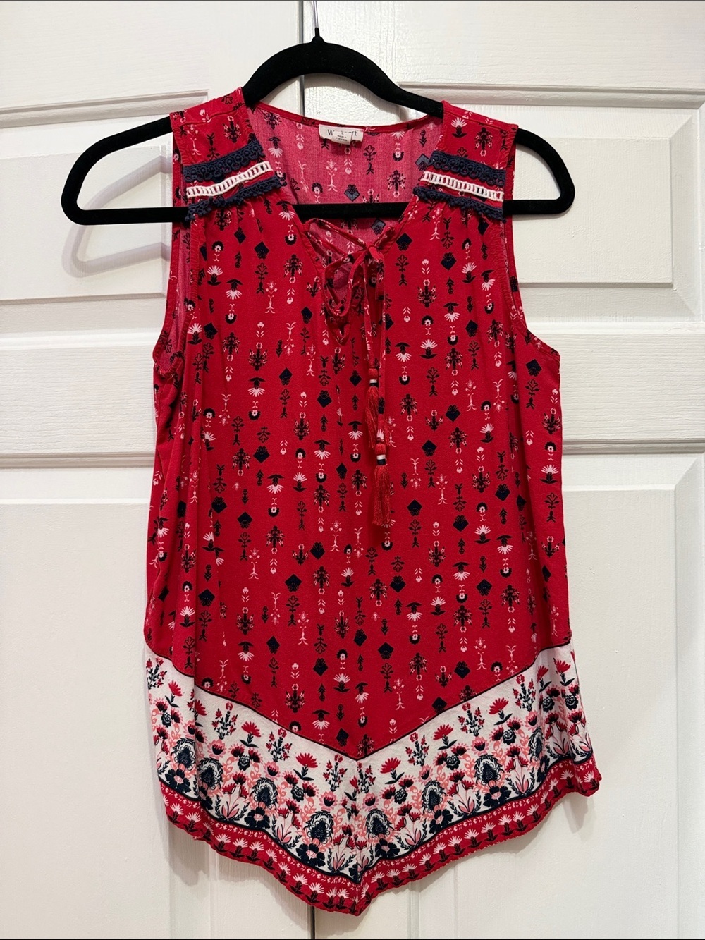 Westport Red Sleeveless Tie-Front Border Floral Tank